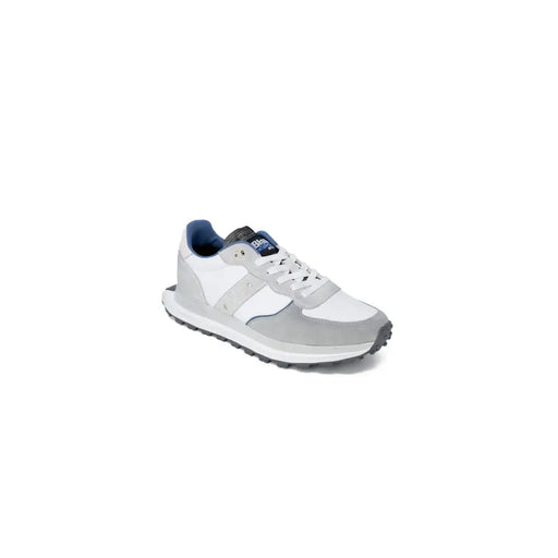 Blauer men sneakers grey leather lace up with white and gray design and navy blue accents featuring a textured sole