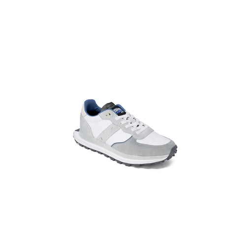 Blauer men sneakers grey leather lace up with white and gray design and navy blue accents featuring a textured sole