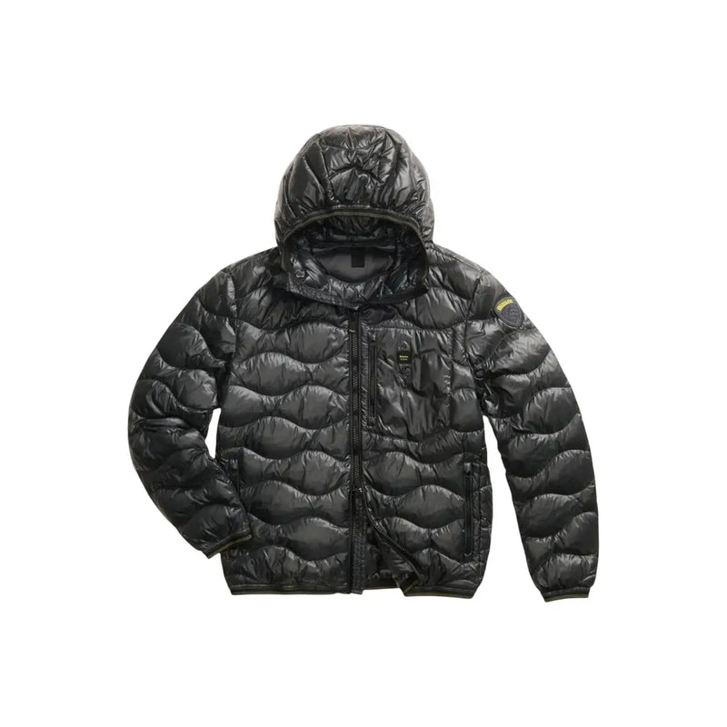 Blauer men white hooded black quilted polyamide puffer jacket with hood and yellow sleeve branding spring summer collection