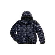 Dark navy quilted puffer jacket with hood and subtle yellow branding on sleeve from blauer men spring summer collection