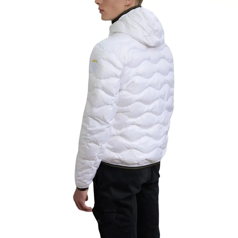 Blauer men white quilted polyamide puffer jacket with hood and subtle yellow logo spring summer collection