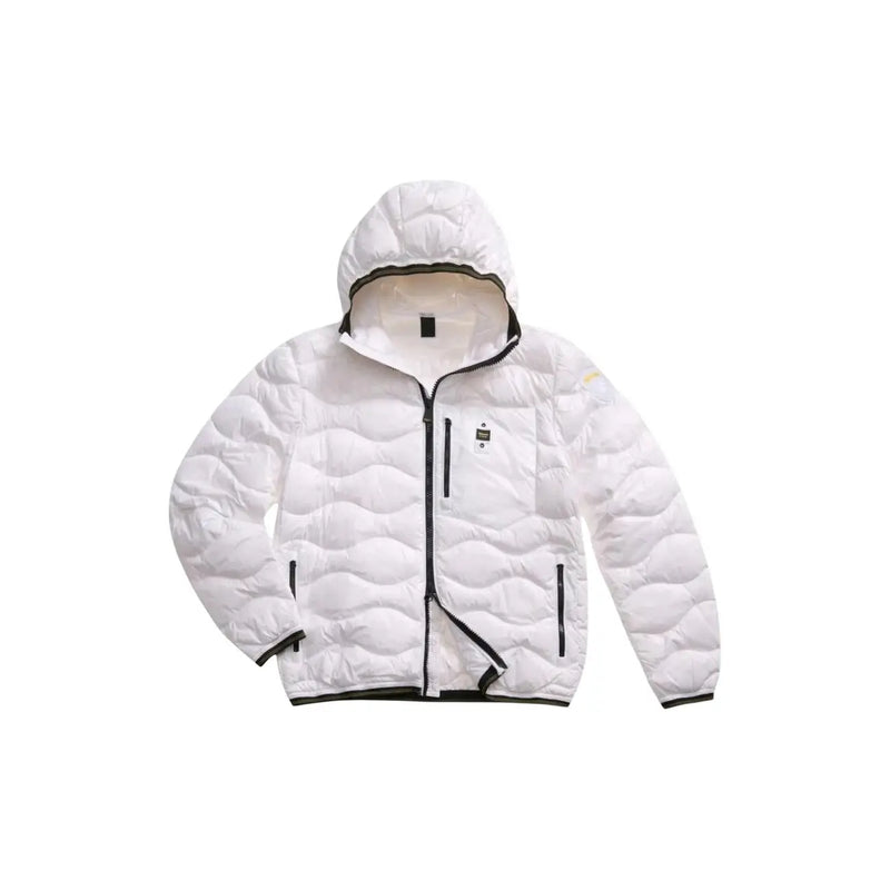 Blauer men white quilted polyamide puffer jacket with black zipper and beige fleece-lined hood spring summer collection