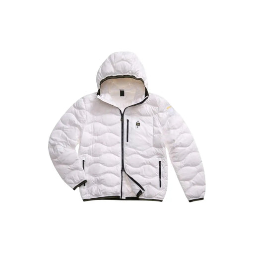 Blauer Weiße, gesteppte Herren-Daunenjacke aus Polyamid mit schwarzem Reißverschluss und beigefarbener, fleecegefütterter Kapuze – Frühjahr/Sommer-Kollektion