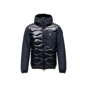 Blauer Schwarzer Herrenblazer mit Kapuze, Reißverschluss, Polyamidjacke mit gestepptem Daunen-Design und dezenten Wellenmuster-Nähten
