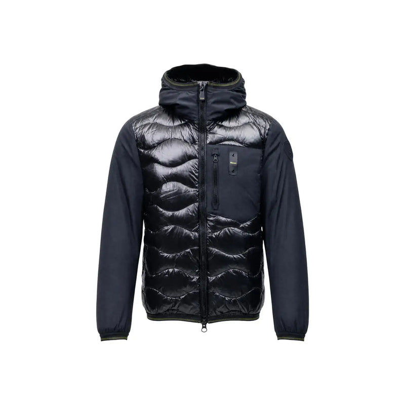 Blauer Schwarzer Herrenblazer mit Kapuze, Reißverschluss, Polyamidjacke mit gestepptem Daunen-Design und dezenten Wellenmuster-Nähten