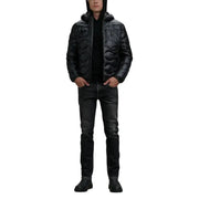Black quilted puffer jacket with hood and zipper closure, likely from a popular brand known for outerwear.