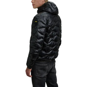 Black down jacket with hood and quilted design, popular brand patagonia model nano puff.