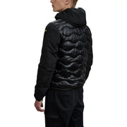 Black down jacket with hood and wave pattern design, north face model.