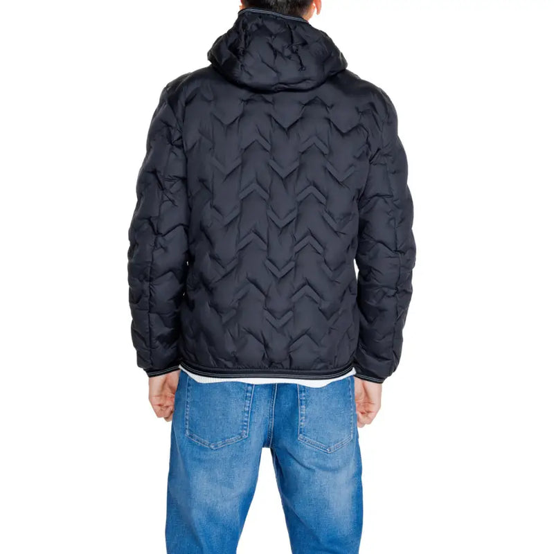 Blauer men’s black quilted long hooded jacket with distinctive chevron pattern designed for cold weather