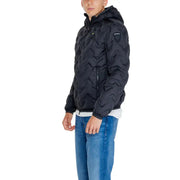 Blauer men’s black quilted long hooded jacket with subtle textured pattern and embroidered logo on left sleeve