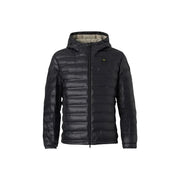 Blauer Schwarze, gesteppte Herren-Pufferjacke aus Polyamid mit Kapuze, dezentem Glanz und olivgrünem Innenfutter