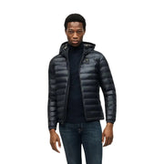 Blauer Schwarze, gesteppte Herren-Daunenjacke aus Polyamid mit Kapuze und dezentem Logo auf der Brust für den Winter