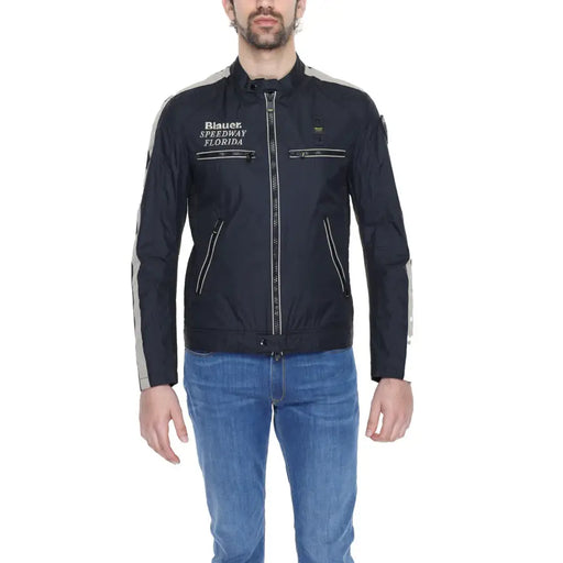 Blauer men’s black printed blazer with zip and front pockets featuring gray shoulder and sleeve accents with white zippers