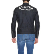 Blauer men’s black printed speedway jacket with white embroidered lettering and silver zipper accents