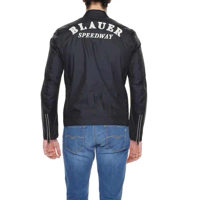 Blauer men’s black printed speedway jacket with white embroidered lettering and silver zipper accents