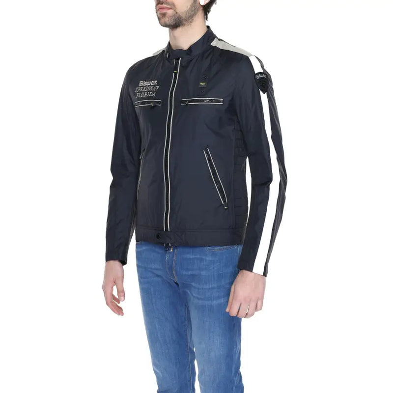 Blauer men’s black motorcycle jacket with white stripes and Harley Speedway Florida embroidery on the chest