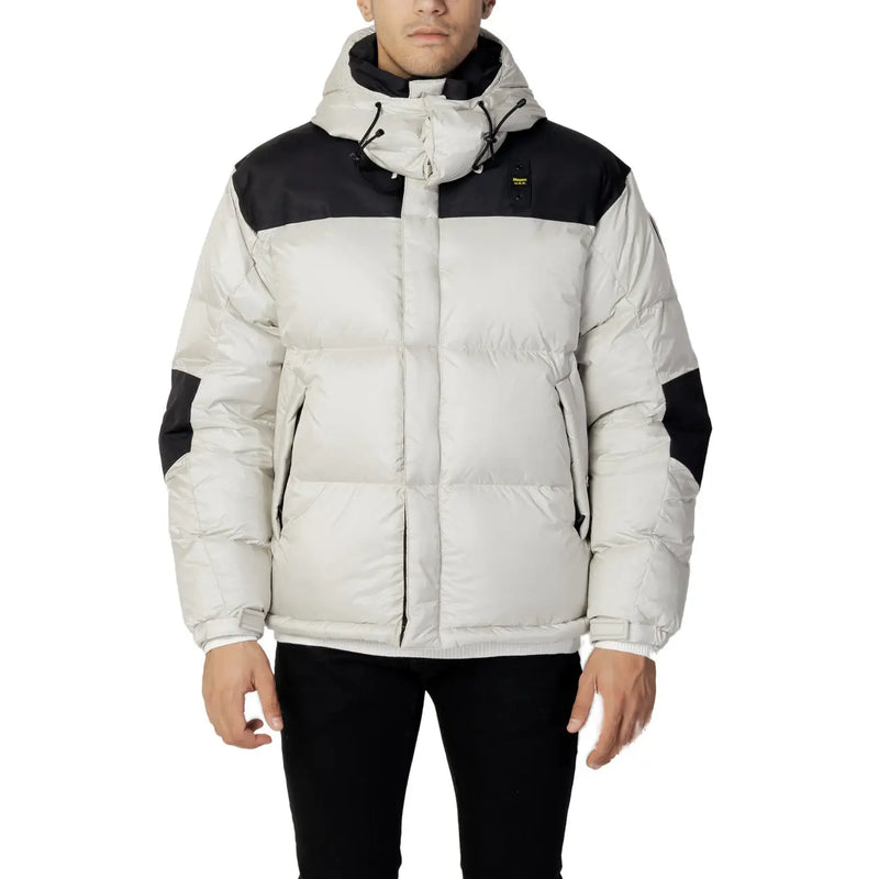 Blauer men’s grey winter jacket with two-tone black and light gray puffer design and dark lined hood for cold weather use