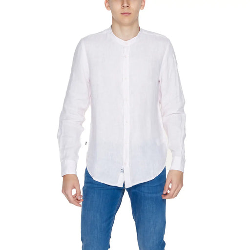 Blauer mens pink linen mandarin shirt with white long-sleeved button-up design and subtle texture
