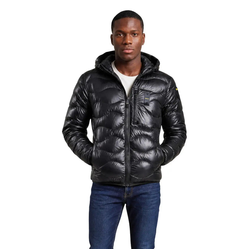 Blauer puffer jacket for men in black with quilted design hood and zipper closure front view