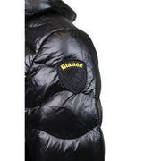 Blauer puffer jacket for men in black with shiny quilted texture and shield-shaped embroidered patch front view