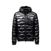 Blauer puffer jacket for men in black with quilted fabric hood and zipper closure, front view