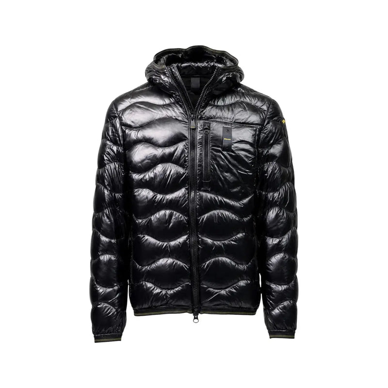 Blauer puffer jacket for men in black with quilted fabric hood and zipper closure, front view