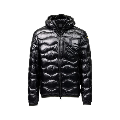 Blauer puffer jacket for men in black with quilted fabric hood and zipper closure, front view