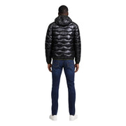 Blauer puffer jacket for men in black with quilted glossy finish and hood, front view