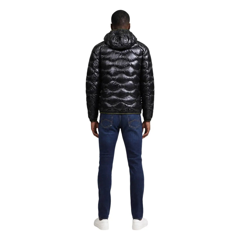 Blauer puffer jacket for men in black with quilted glossy finish and hood, front view