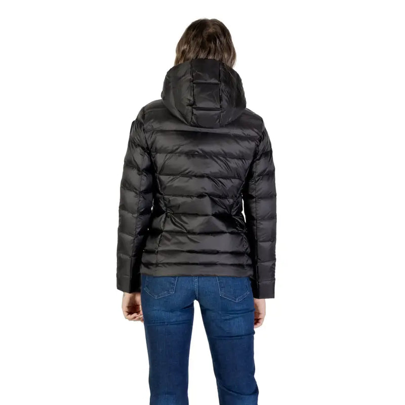 Blauer Schwarze gesteppte Damen-Pufferjacke aus Polyamid mit Kapuze