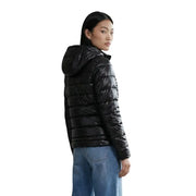 Blauer Schwarze Damen-Steppjacke aus Polyamid mit Kapuze, Vorderansicht