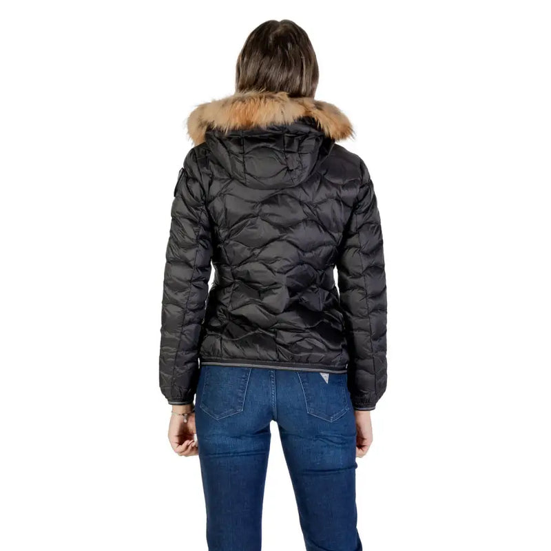 Blauer Schwarze, gesteppte Damen-Daunenjacke mit beiger Pelzkapuze