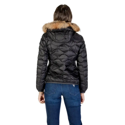 Blauer women black quilted puffer jacket with tan fur hood