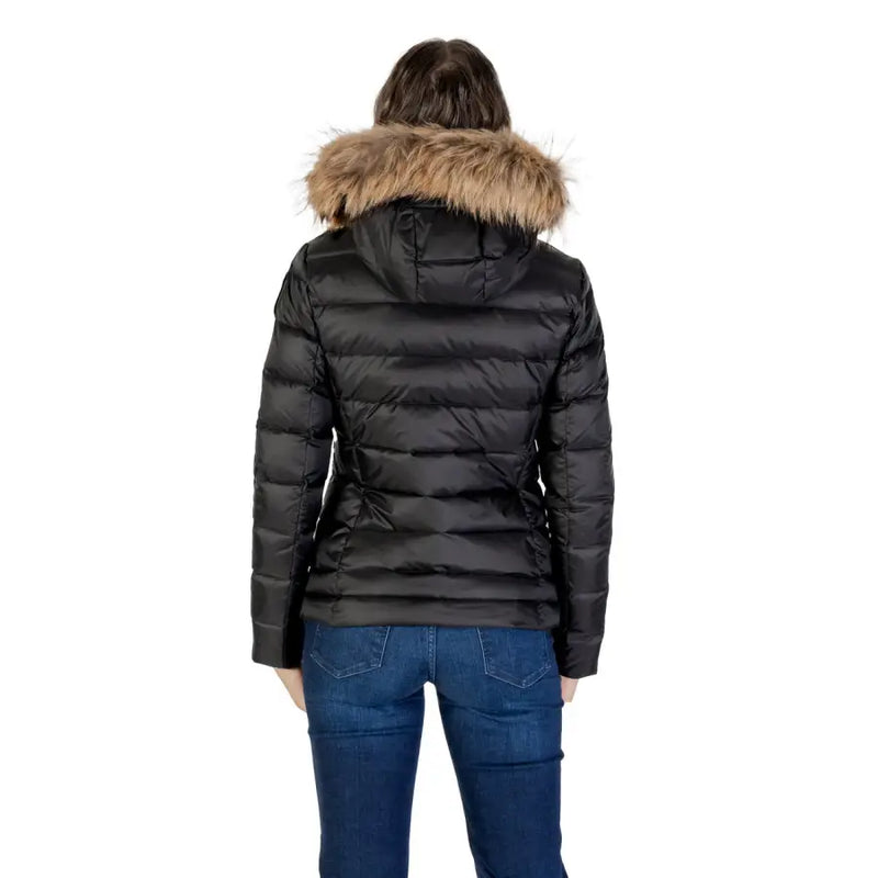Blauer Schwarze, gesteppte Damen-Daunenjacke mit hellbrauner, pelzgefütterter Kapuze