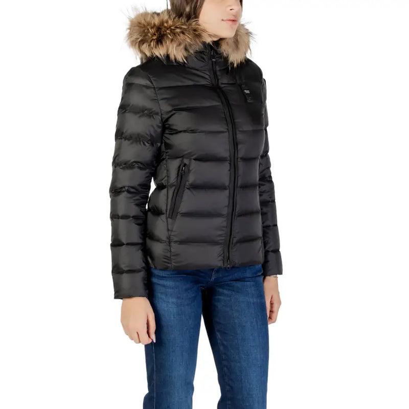 Blauer Schwarze Damen-Steppjacke mit Kapuze und Rollkragen sowie Pelzkapuze