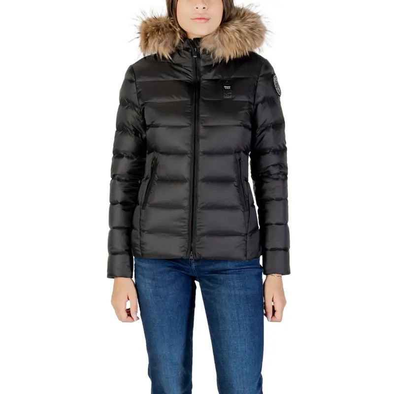 Blauer Schwarze Damen-Steppjacke mit Kapuze und Rollkragen sowie Pelzkapuze