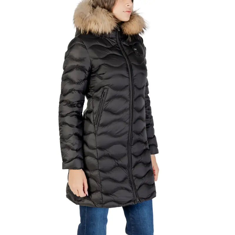 Black quilted down coat with fur-trimmed hood from Blauer Women Long Zip Jacket collection