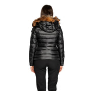 Blauer Schwarze Damen-Steppjacke aus Polyamid mit braun gefütterter Kapuze, ideal zum Schutz vor kaltem Wetter