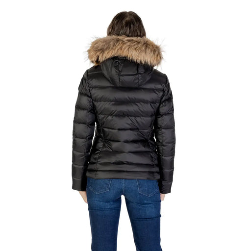 Blauer women black polyamide quilted puffer jacket with tan fur-lined hood for cold weather use