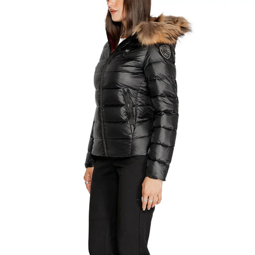 Blauer women black quilted polyamide puffer jacket with fur-lined hood and logo patch on the shoulder