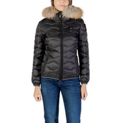 Blauer Schwarze, gesteppte Damen-Daunenjacke aus Polyamid mit pelzgefütterter Kapuze zum Schutz vor kaltem Wetter