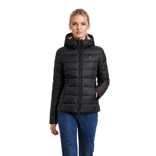 Blauer women black quilted polyamide puffer jacket with hood and front zipper for cold weather use