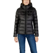 Black polyamide Blauer women hooded winter jacket with quilted design and subtle branding on chest and sleeve