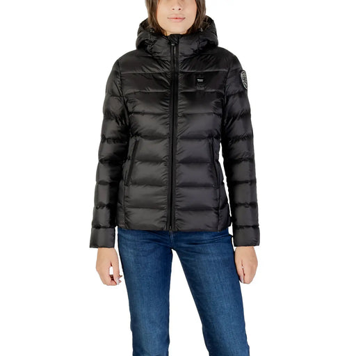 Black polyamide Blauer women hooded winter jacket with quilted design and subtle branding on chest and sleeve