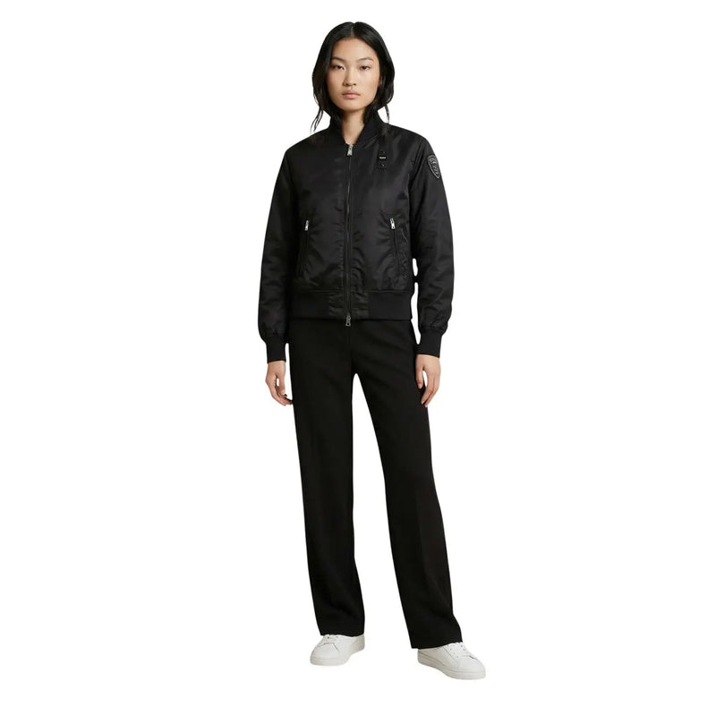 Blauer women black nylon bomber jacket with silver zippers and subtle logo patch on the chest with pockets