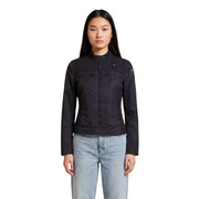 Black g star raw women’s motorcycle jacket with zippered pockets and subtle branding patches in a blauer blazer style
