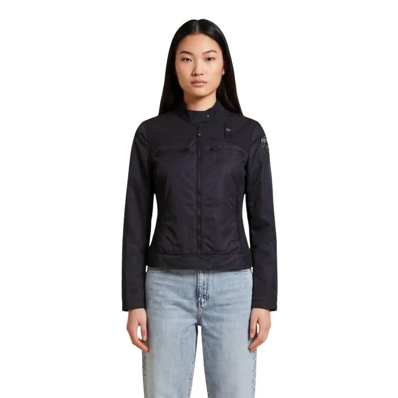 Black g star raw women’s motorcycle jacket with zippered pockets and subtle branding patches in a blauer blazer style
