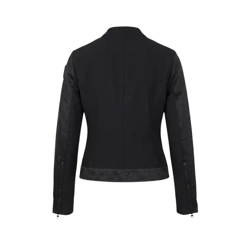 Blauer women black cropped moto jacket with zip turtleneck blazer featuring subtle texture contrast on sleeves and hem