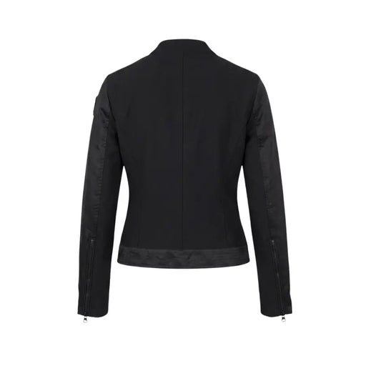 Blauer Schwarze, kurze Bikerjacke für Damen mit Reißverschluss und Rollkragenpullover, dezentem Strukturkontrast an Ärmeln und Saum.