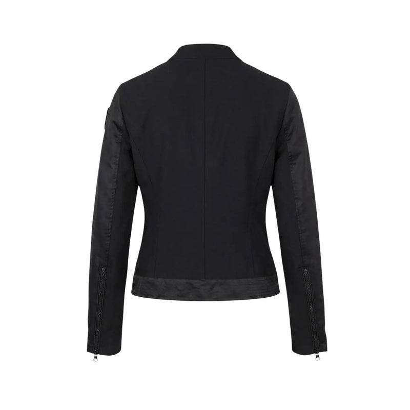Blauer women black cropped moto jacket with zip turtleneck blazer featuring subtle texture contrast on sleeves and hem